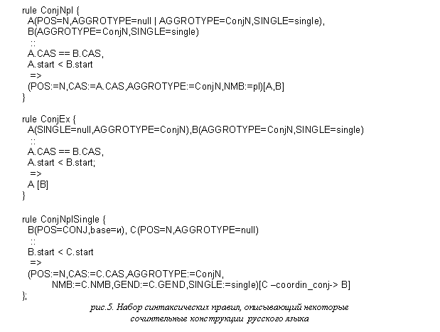 Text Box: rule ConjNpl {
  A(POS=N,AGGROTYPE=null | AGGROTYPE=ConjN,SINGLE=single),
  B(AGGROTYPE=ConjN,SINGLE=single)
   ::
  A.CAS == B.CAS,
  A.start < B.start
   =>
  (POS:=N,CAS:=A.CAS,AGGROTYPE:=ConjN,NMB:=pl)[A,B]
}

rule ConjEx {
  A(SINGLE=null,AGGROTYPE=ConjN),B(AGGROTYPE=ConjN,SINGLE=single)
   ::
  A.CAS == B.CAS,
  A.start < B.start;
   =>
  A [B]
}

rule ConjNplSingle {
  B(POS=CONJ,base=), C(POS=N,AGGROTYPE=null)
   ::
  B.start < C.start
   =>
  (POS:=N,CAS:=C.CAS,AGGROTYPE:=ConjN,
           NMB:=C.NMB,GEND:=C.GEND,SINGLE:=single)[C coordin_conj-> B]
};
.5.   ,       
